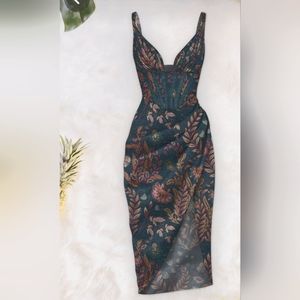 Corset midi dress plunging neckline